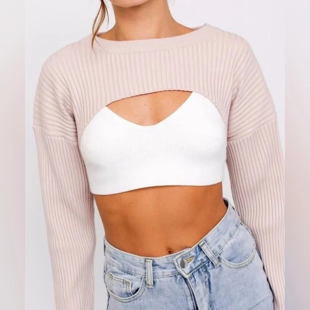 Love Tre Ribbed Knit Cropped Top Long Sleeve Tan Size Small New No Tags